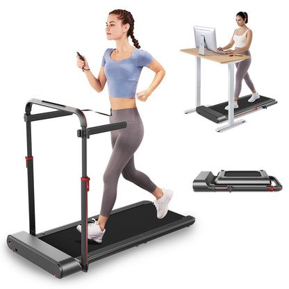 Eine Frau läuft auf einem Laufband, eine andere benutzt das Kingsmith WalkingPad R1/R1H 2 in 1 Klappbares Laufband bis 10 km/h unter ihrem Stehpult, und eines wird zur einfachen Aufbewahrung zusammengeklappt gezeigt.