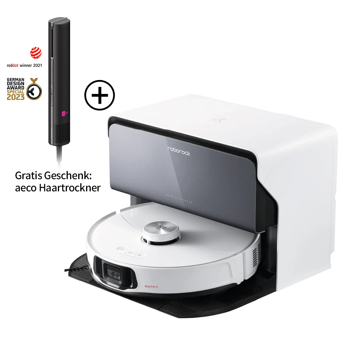 Roborock S8 MaxV Ultra White mit Wasseranschluss und Dockingstation mit einem kostenlosen aeco Haartrockner Werbeangebot neben ihnen gezeigt.