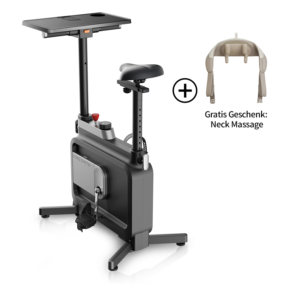 Das Kingsmith Office Bike W1B von Kingsmith verfügt über einen magnetischen Widerstand, einen integrierten Schreibtisch und ein platzsparendes, faltbares Design - ideal für jeden Raum. Im Lieferumfang enthalten ist ein kostenloses Nackenmassagegerät mit der Aufschrift "Gratis Geschenk: Nackenmassage".