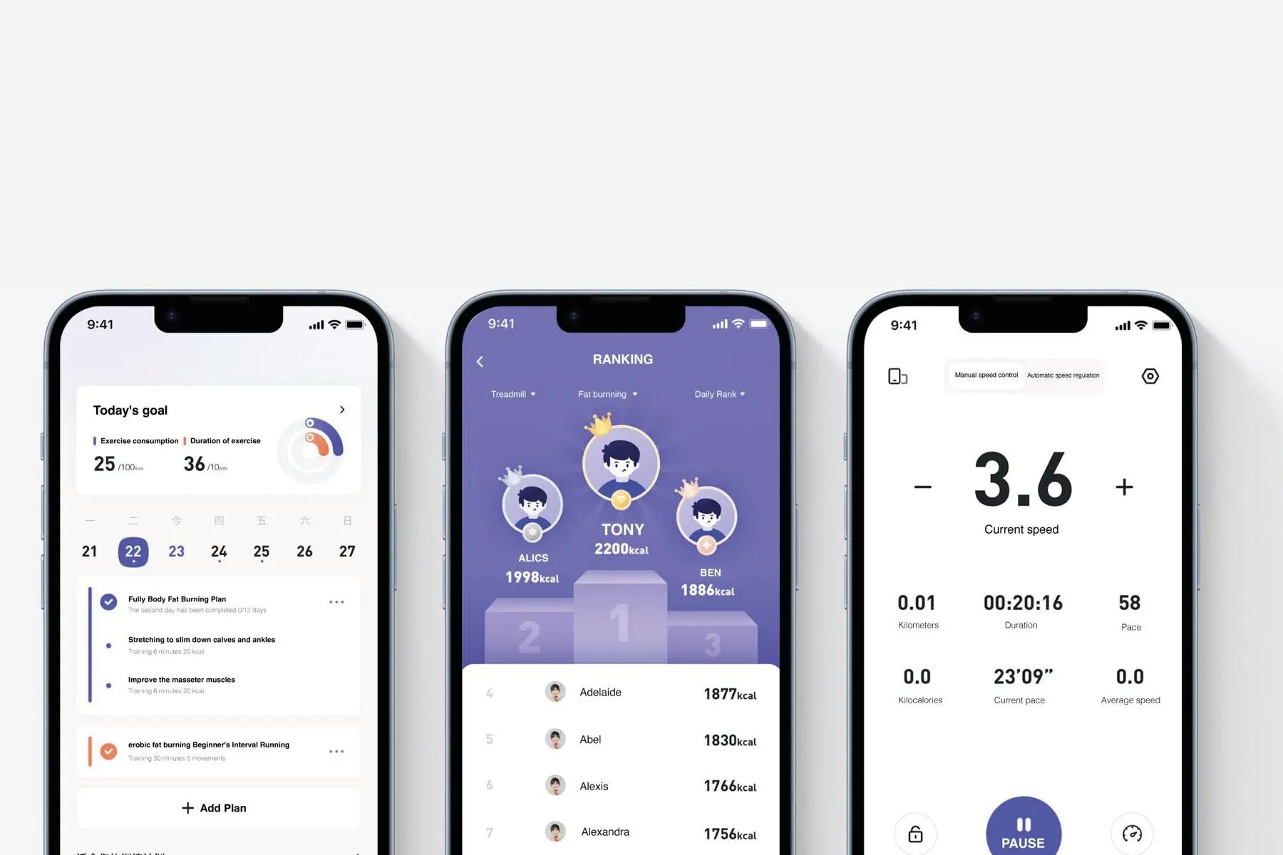 Drei Smartphones zeigen verschiedene Fitness-Apps/Bildschirme an: einen Ziel-Tracker, eine Rangliste der Benutzer und eine Seite mit Trainingsstatistiken, die Geschwindigkeit, Zeit, Kalorien und Distanz anzeigen.