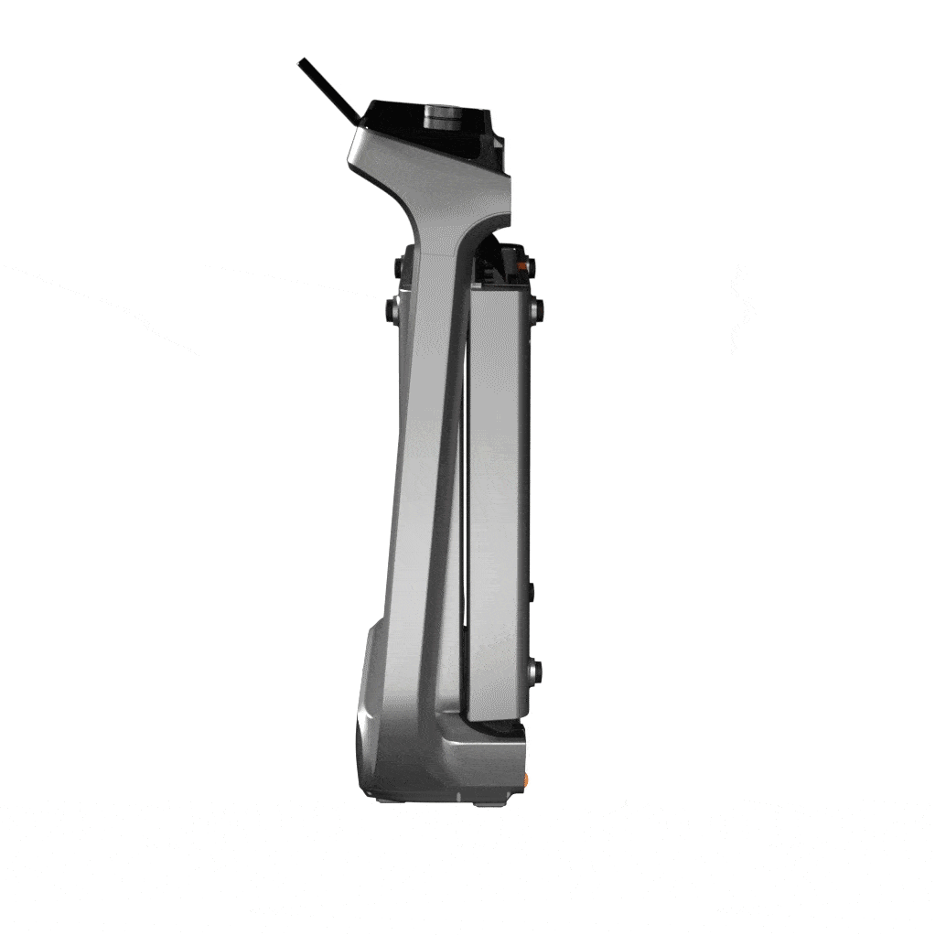 Animation der Seitenansicht des Kingsmith WalkingPad X218 Klappbares Laufband, das sich von einer kompakten, aufrechten Position in einen flachen, gebrauchsfertigen Zustand entfaltet, auf einem weißen Hintergrund.