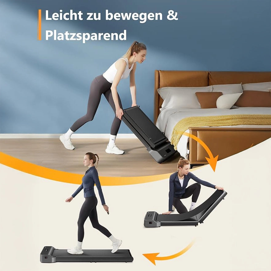 Eine Frau faltet und bewegt das Kingsmith WalkingPad Z1 Klappbares Laufband für Schreibtisch in einem Schlafzimmer, dann geht sie darauf spazieren; deutscher Text: "Leicht zu bewegen & Platzsparend".