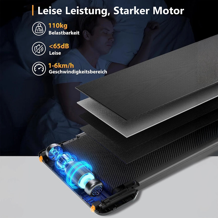 Eine Grafik zeigt das Kingsmith WalkingPad Z1 Klappbares Laufband für Schreibtisch's Motor- und Gurtaufbau, betont sein 110kg max. Gewicht, <65dB Lautstärke und 1-6km/h Geschwindigkeit. Im Hintergrund schläft jemand - so leise ist das kompakte Laufband.