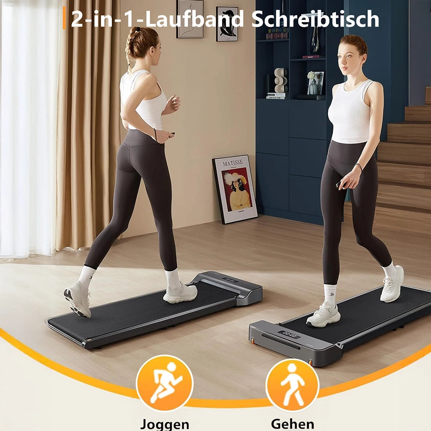 Zwei Frauen benutzen das Kingsmith WalkingPad Z1 Klappbares Laufband für Schreibtisch in einem modernen Raum - eine joggt, die andere geht. Deutsche Texte und Icons zeigen die Jogging- und Walking-Modi des kompakten, leisen Laufbands.