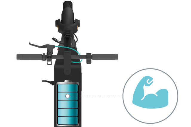 Draufsicht auf einen Elektroroller mit einem hervorgehobenen Batteriefach, das mit einem Symbol eines gebogenen Arms verbunden ist, der die Stärke oder Leistung der Batterie symbolisiert.