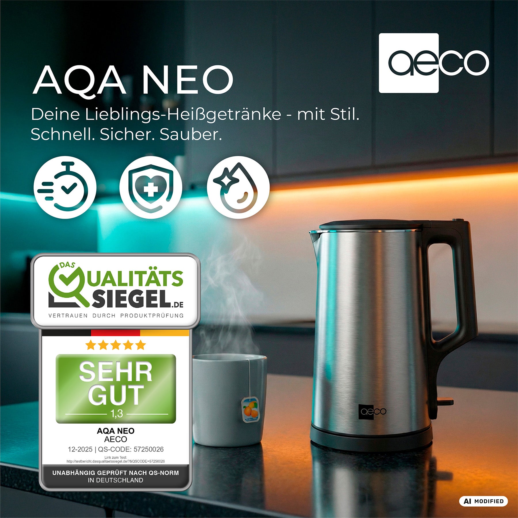 Ein elektrischer Wasserkocher „AQA NEO“ von aeco steht auf einer Küchenarbeitsplatte neben einer dampfenden Tasse, einem Zertifizierungssiegel und Produktsymbolen; ein deutschsprachiger Text hebt die Sicherheit und Qualität des aeco AQA NEO Wasserkochers hervor.