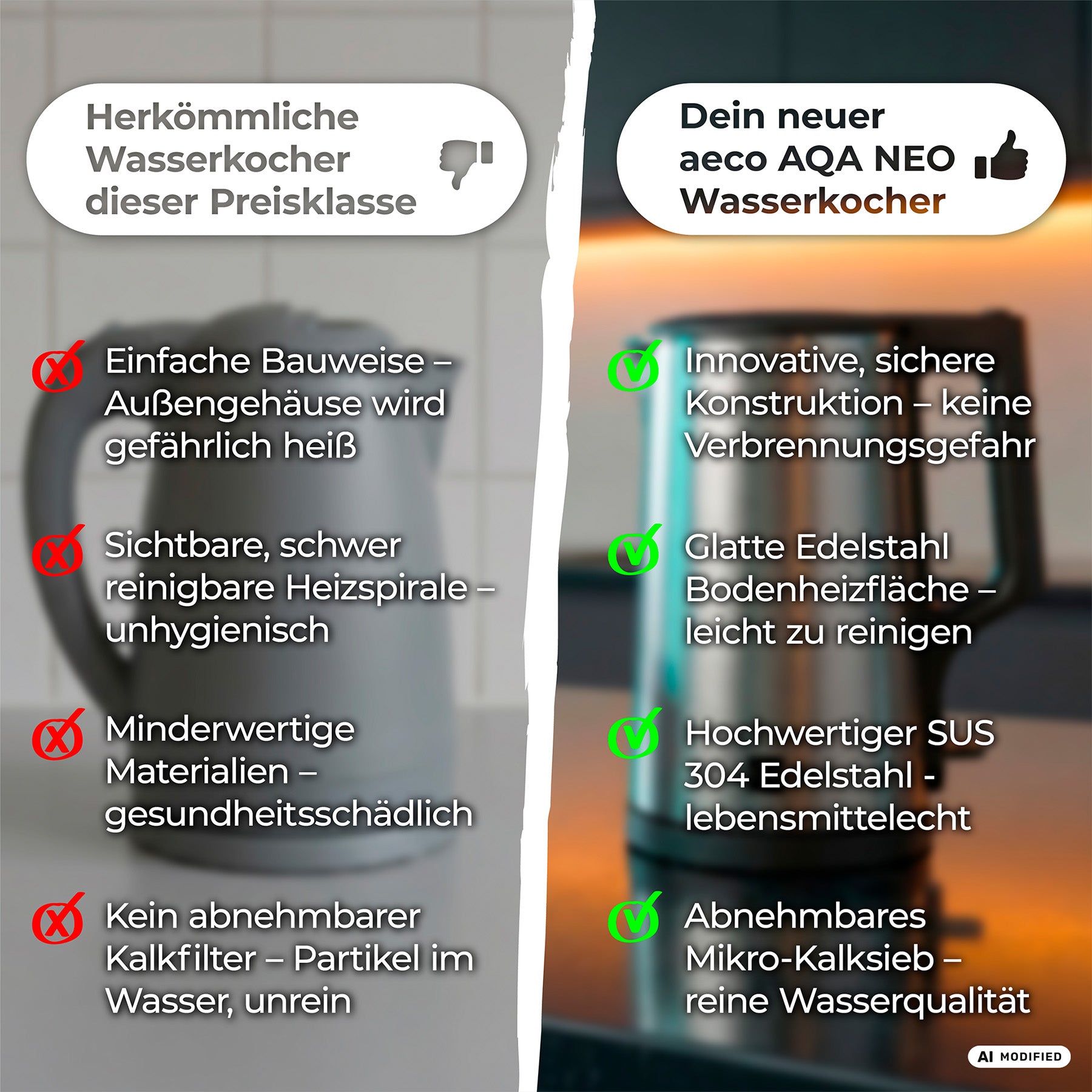 Vergleichstabelle zweier Wasserkocher: Auf der linken Seite sind häufige Probleme wie Brandgefahr und unhygienische Bauteile aufgeführt; auf der rechten Seite bietet der aeco AQA NEO Wasserkocher einen sichereren Betrieb, sauberere Bauteile und verbesserte Qualitätsmerkmale.