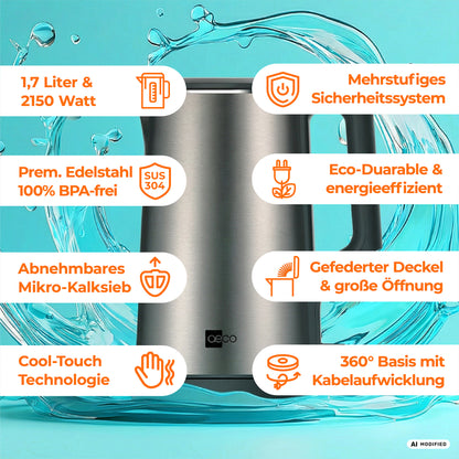 Wir stellen vor: den aeco AQA NEO Wasserkocher – einen BPA-freien Wasserkocher aus Edelstahl mit einem Fassungsvermögen von 1,7 l, einer Leistung von 2150 W, einem herausnehmbaren Filter, einem kühl bleibenden Gehäuse, umweltfreundlichem Design, integrierten Sicherheitsfunktionen und einem praktischen um 360° drehbaren Sockel – all dies wird vor dem Hintergrund einer dynamischen Wasserspritzszene präsentiert.