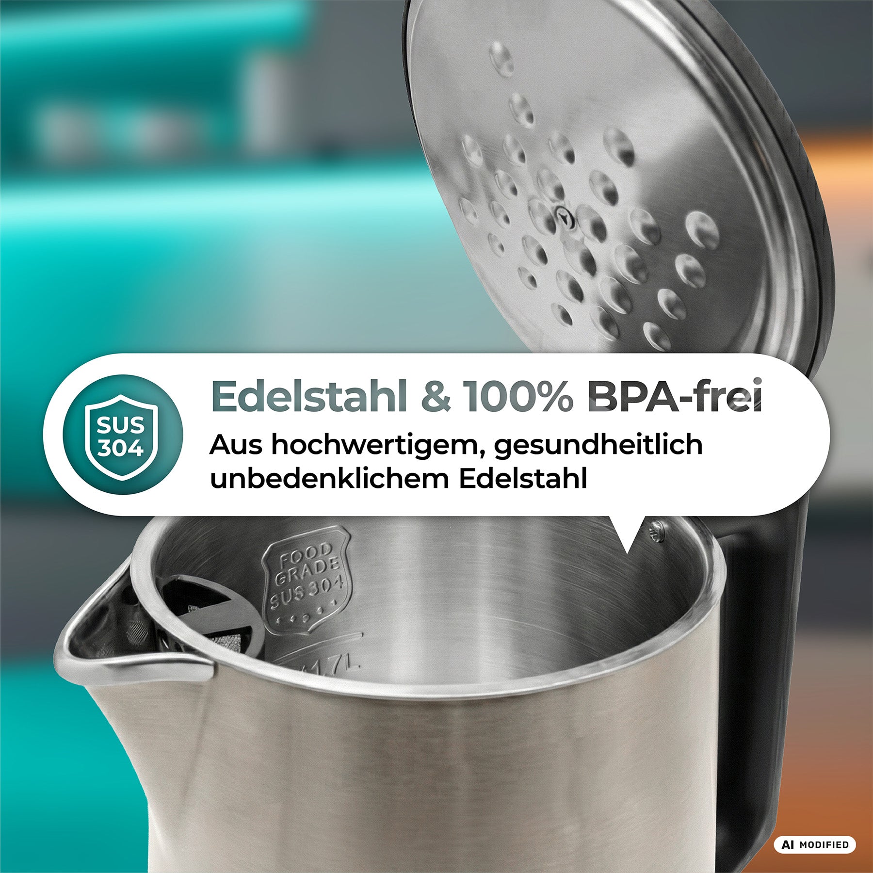 Der aeco AQA NEO Wasserkocher ist ein elektrischer Wasserkocher aus Edelstahl mit offenem Deckel, der mit einem SUS 304-Edelstahl-Etikett in Lebensmittelqualität sowie einer Sprechblase versehen ist, die darauf hinweist, dass er BPA-frei und gesundheitlich unbedenklich ist.