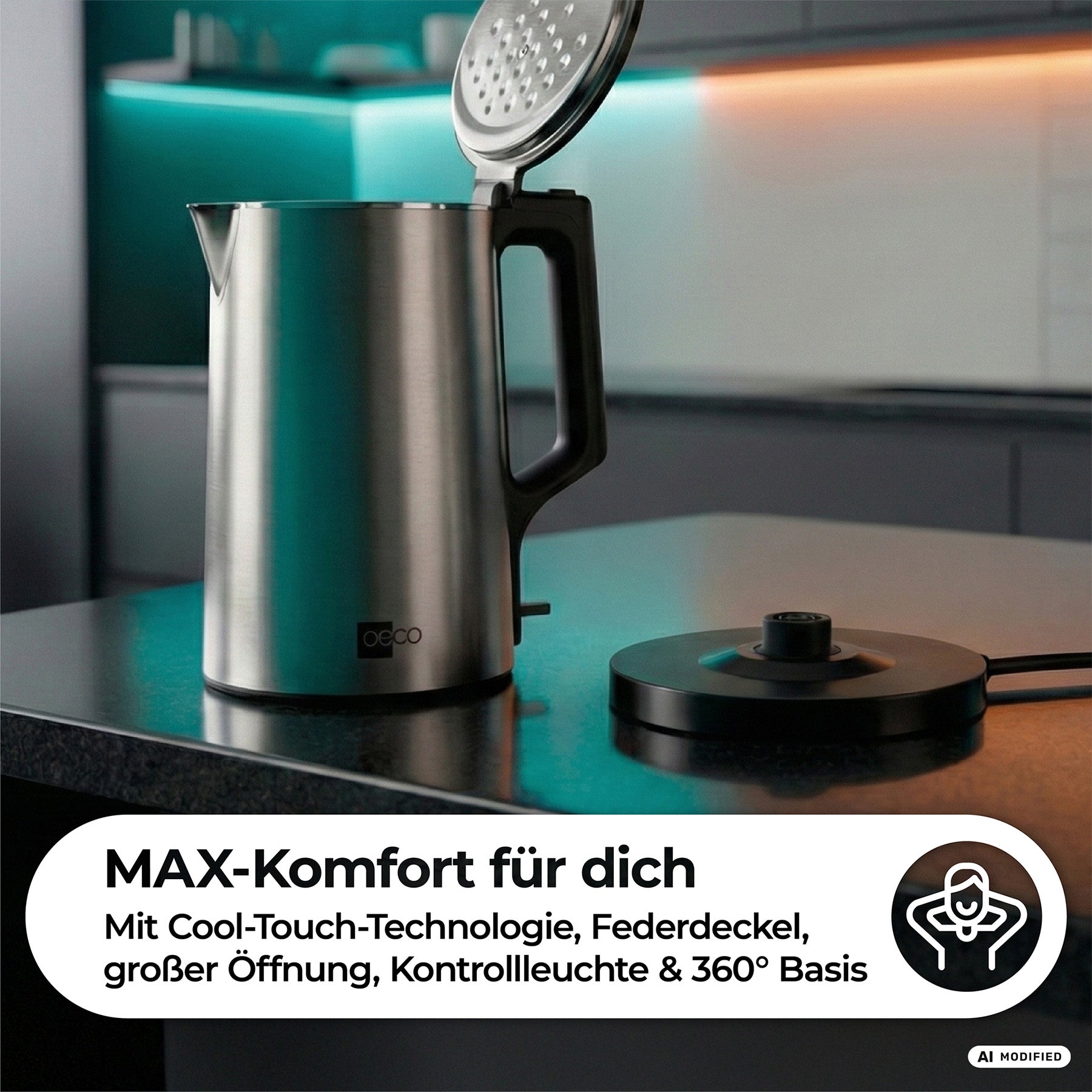 Ein aeco AQA NEO Wasserkocher, ein elektrischer Wasserkocher aus Edelstahl mit geöffnetem Deckel, steht auf einer schwarzen Arbeitsplatte neben seinem runden Sockel; unterhalb des Bildes befindet sich ein deutscher Text, in dem die Funktionen beschrieben werden.