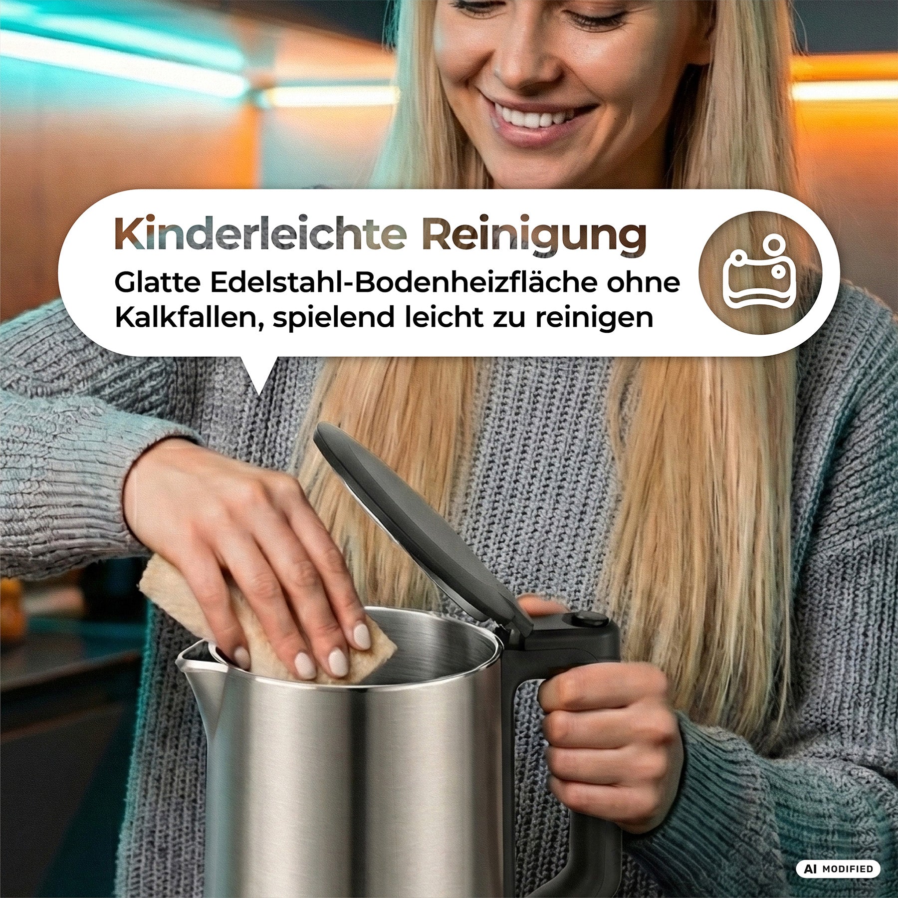 Eine Frau reinigt das Innere des aeco AQA NEO Wasserkochers mit einem Schwamm. Ein Text-Overlay hebt die einfache Reinigung und die glatte Edelstahloberfläche hervor.