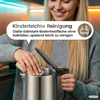 Eine Frau reinigt das Innere des aeco AQA NEO Wasserkochers mit einem Schwamm. Ein Text-Overlay hebt die einfache Reinigung und die glatte Edelstahloberfläche hervor.