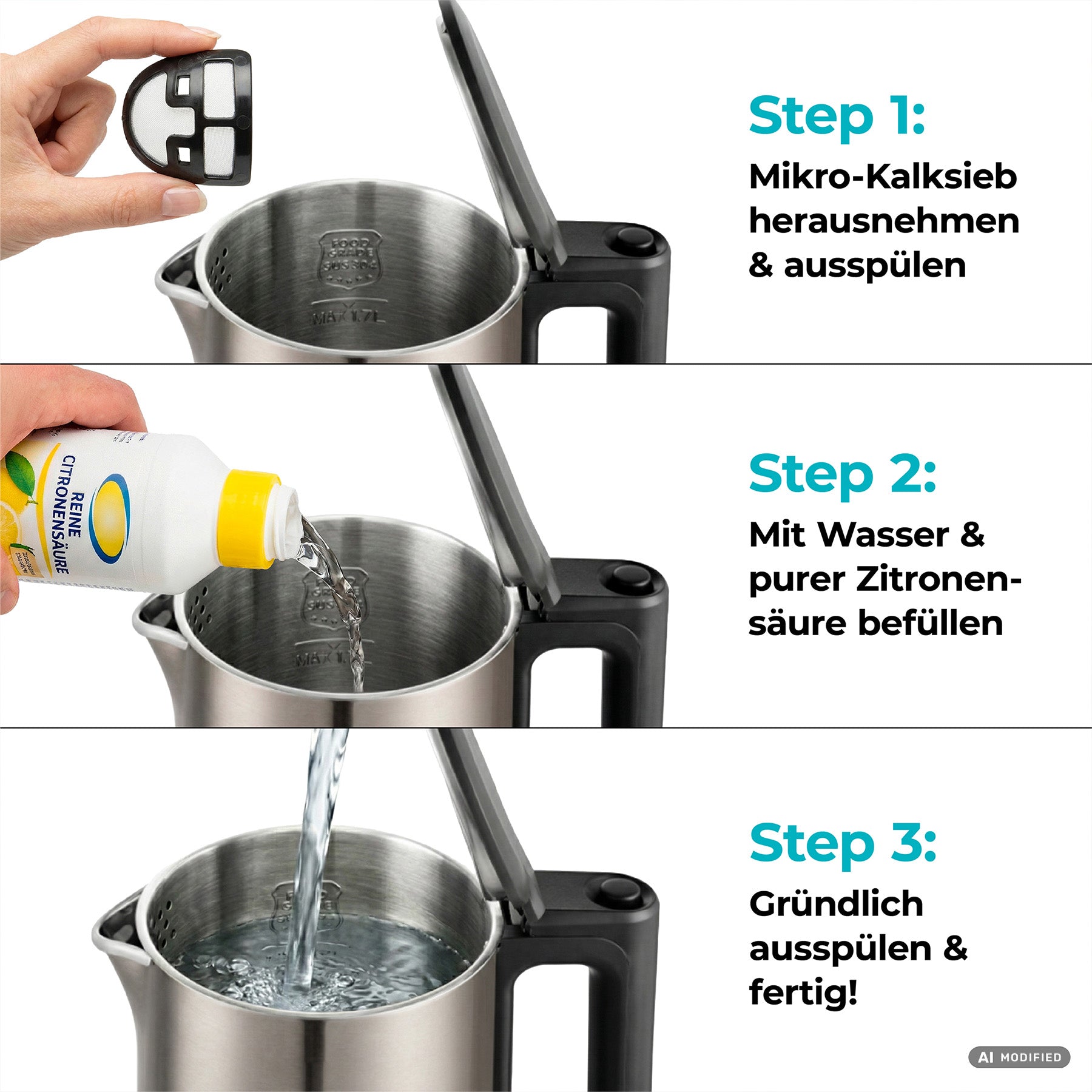 Hier ist ein überarbeiteter Satz unter Verwendung Ihrer Produktdaten: Ein dreistufiger Vorgang, der zeigt, wie man den aeco AQA NEO Wasserkocher mit seinem herausnehmbaren Filter, Wasser und Zitronensäure-Reiniger entkalkt und anschließend gründlich ausspült.