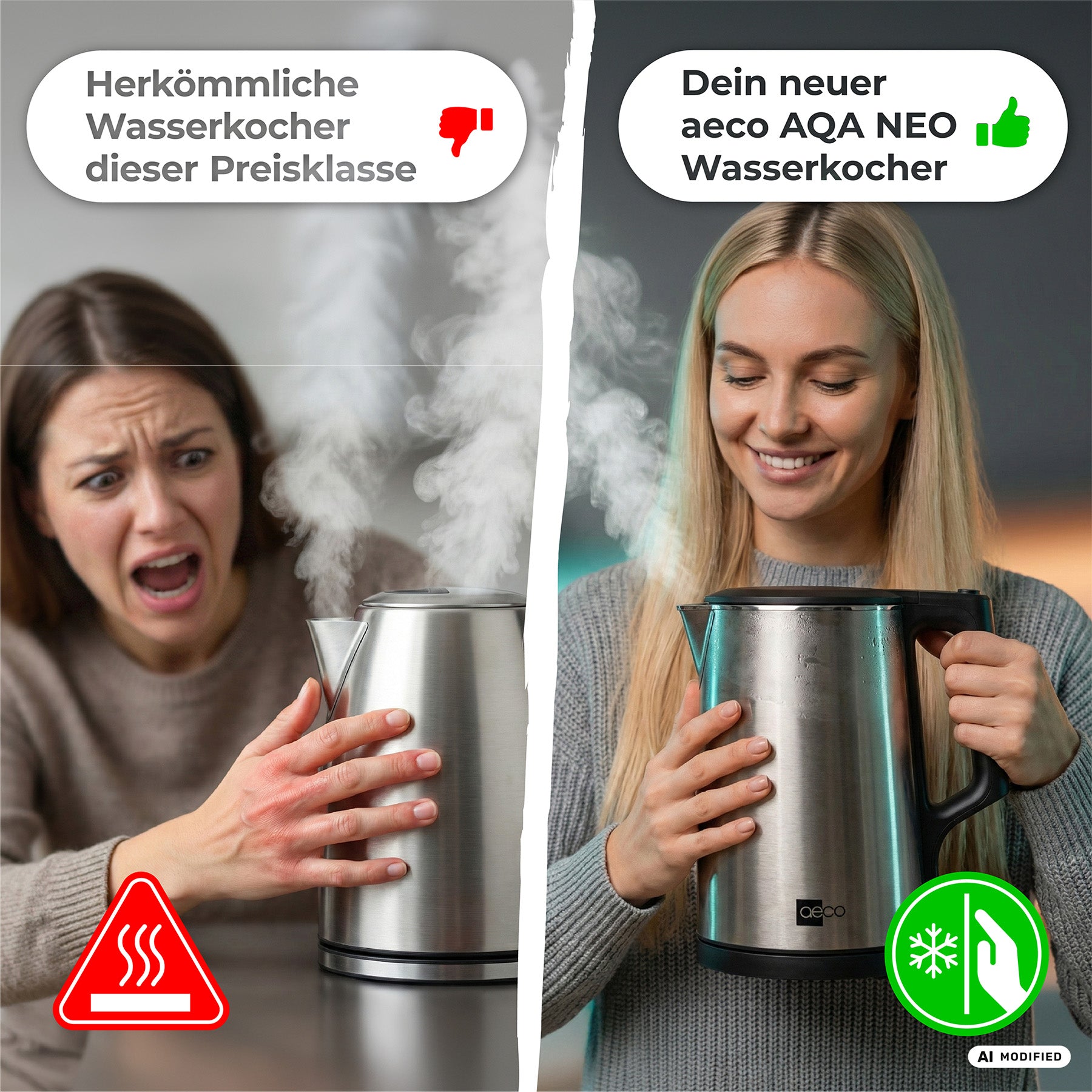 Bildvergleich: Links weicht eine Frau dem heißen Dampf aus, der aus einem herkömmlichen Wasserkocher aufsteigt; rechts hält eine lächelnde Frau entspannt einen aeco AQA NEO Wasserkocher in der Hand, ohne dass Dampf zu sehen ist.