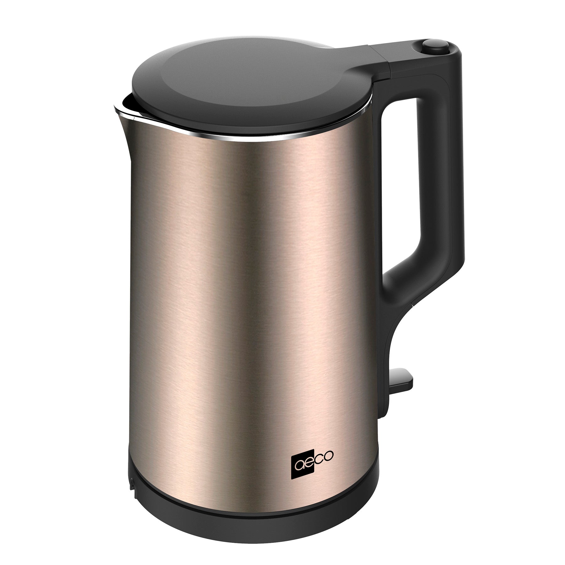 Der aeco AQA Neo Wasserkocher ist ein Edelstahl-Wasserkocher mit modernem zylindrischem Design, schwarzem Griff und Sockel und geschlossenem Deckel, abgebildet auf weißem Hintergrund.