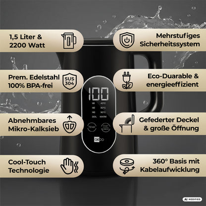 Aeco AQA ELITE Wasserkocher: 1,5-Liter-Wasserkocher aus Edelstahl mit Digitalanzeige, zahlreichen Sicherheitsfunktionen, herausnehmbarem Kalkfilter, Cool-Touch-Design, umweltfreundlicher Konstruktion, um 360° drehbarem Sockel und integrierter Kabelaufbewahrung; leistungsstark mit 2200 W.