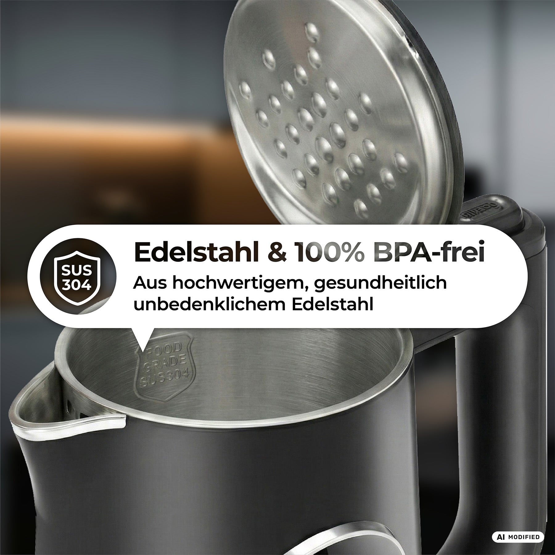 Öffnen Sie den AQA ELITE Wasserkocher von aeco, dessen Etikett auf hochwertigen Edelstahl SUS 304 und 100 % BPA-freie Materialien hinweist; auf Deutsch werden die Gesundheits- und Sicherheitsvorteile hervorgehoben.