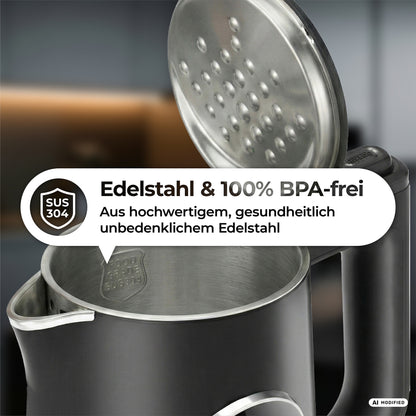 Öffnen Sie den AQA ELITE Wasserkocher von aeco, dessen Etikett auf hochwertigen Edelstahl SUS 304 und 100 % BPA-freie Materialien hinweist; auf Deutsch werden die Gesundheits- und Sicherheitsvorteile hervorgehoben.