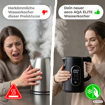Geteiltes Bild: Links weicht eine Frau vor einem heißen Metallwasserkocher zurück; rechts lächelt sie, während sie den aeco AQA ELITE Wasserkocher in der Hand hält – einen eleganten schwarzen Wasserkocher mit Temperaturanzeige und sichtbarem Dampf –, der durch sein modernes Design und seine fortschrittlichen Sicherheitsmerkmale besticht.