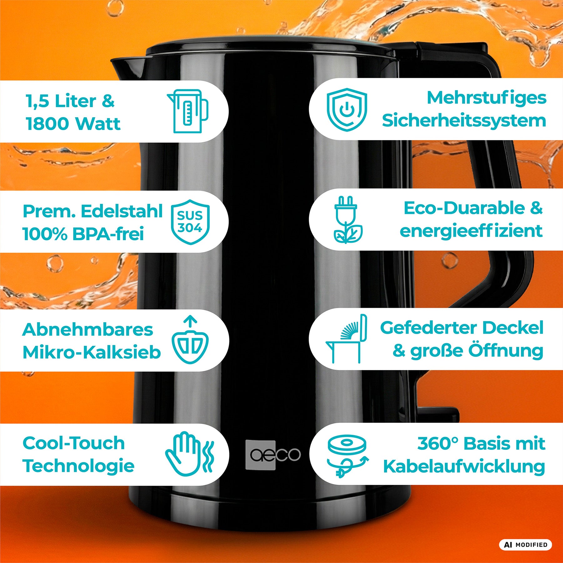 Der aeco AQA PRO Wasserkocher ist ein schwarzer Wasserkocher mit einem Fassungsvermögen von 1,5 l, einem fortschrittlichen Sicherheitssystem, einem Gehäuse aus BPA-freiem Edelstahl, einem herausnehmbaren Filter, einer kühl bleibenden Außenhülle, einem energieeffizienten Betrieb, einem großen, leicht zu öffnenden Deckel und einem 360°-drehbaren Sockel mit Kabel.