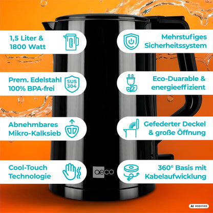 Der aeco AQA PRO Wasserkocher ist ein schwarzer Wasserkocher mit einem Fassungsvermögen von 1,5 l, einem fortschrittlichen Sicherheitssystem, einem Gehäuse aus BPA-freiem Edelstahl, einem herausnehmbaren Filter, einer kühl bleibenden Außenhülle, einem energieeffizienten Betrieb, einem großen, leicht zu öffnenden Deckel und einem 360°-drehbaren Sockel mit Kabel.