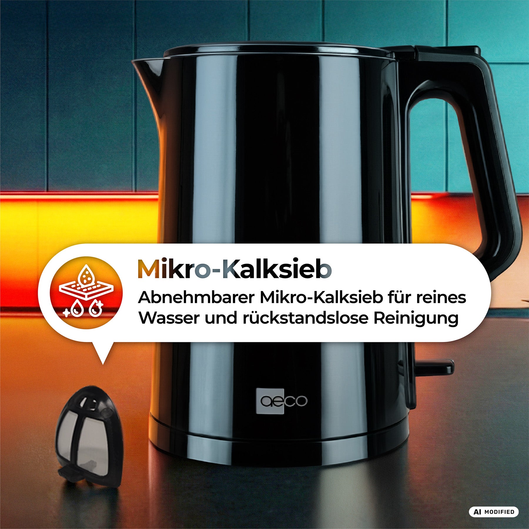 Auf der Arbeitsplatte steht ein aeco AQA PRO Wasserkocher, vor dem der herausnehmbare Mikro-Kalkfilter zu sehen ist. Der deutsche Text hebt die Vorteile von reinem Wasser und der einfachen Reinigung hervor.
