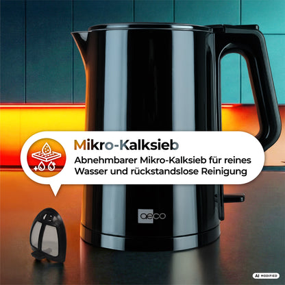 Auf der Arbeitsplatte steht ein aeco AQA PRO Wasserkocher, vor dem der herausnehmbare Mikro-Kalkfilter zu sehen ist. Der deutsche Text hebt die Vorteile von reinem Wasser und der einfachen Reinigung hervor.
