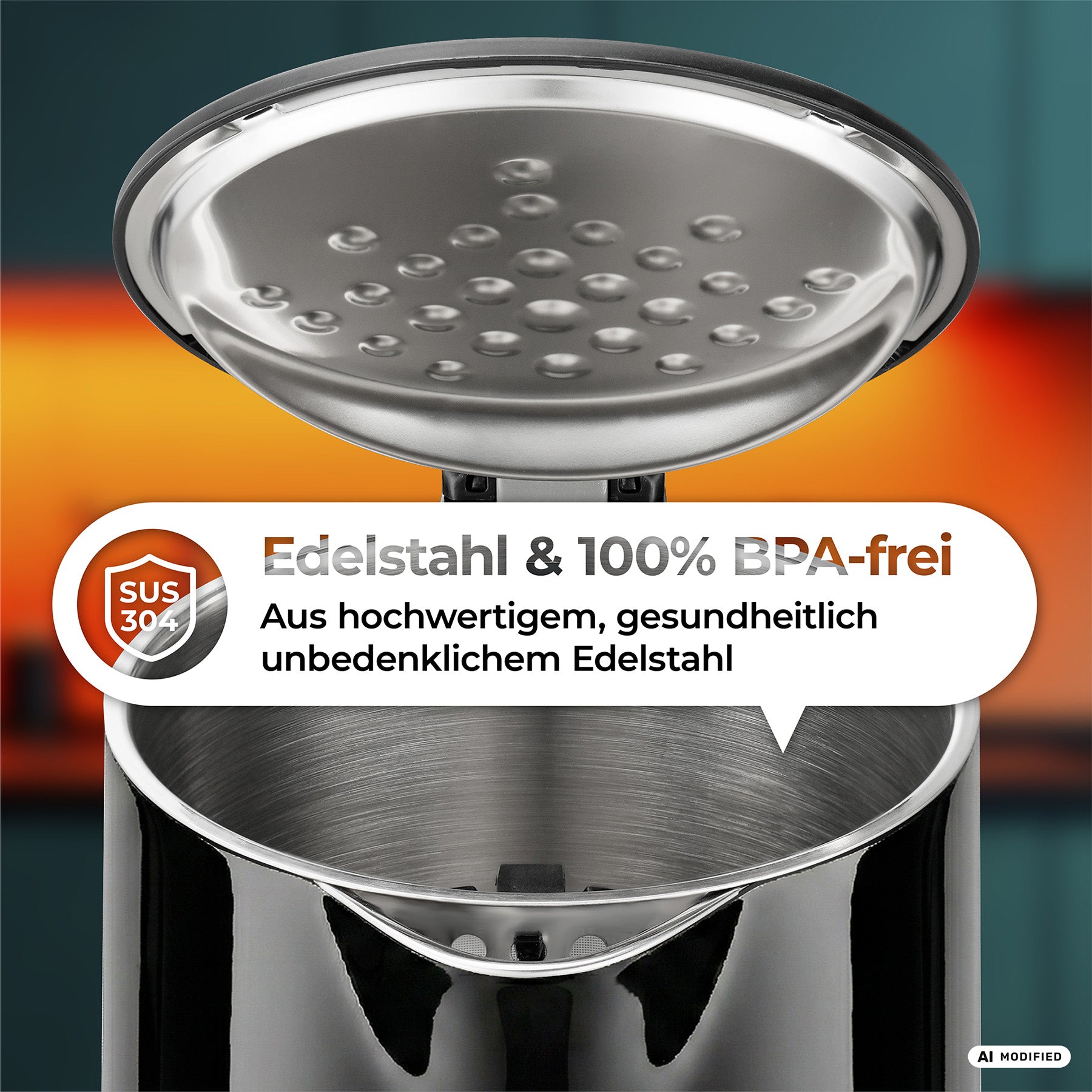 Nahaufnahme eines geöffneten AQA PRO-Wasserkochers der Marke aeco, wobei die 100 % BPA-freie Beschaffenheit und das SUS 304-Edelstahlmaterial im Hinblick auf die Gesundheitssicherheit hervorgehoben werden.