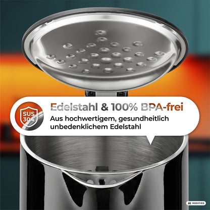Nahaufnahme eines geöffneten AQA PRO-Wasserkochers der Marke aeco, wobei die 100 % BPA-freie Beschaffenheit und das SUS 304-Edelstahlmaterial im Hinblick auf die Gesundheitssicherheit hervorgehoben werden.