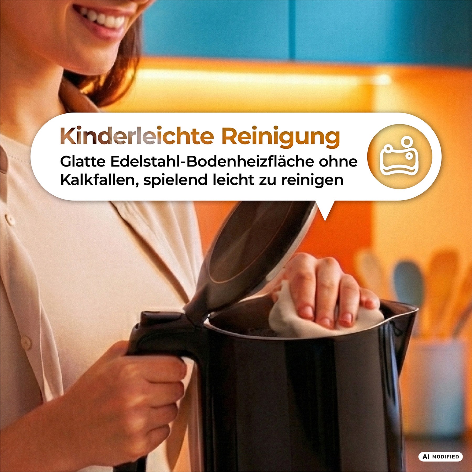 Eine Person reinigt das Innere des aeco AQA PRO Wasserkochers mit einem Schwamm. Ein Text-Overlay hebt die leicht zu reinigende Heizfläche aus Edelstahl hervor.
