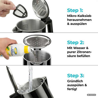 Dreistufige Anleitung für den aeco AQA PRO Wasserkocher: Entfernen Sie den Filter, gießen Sie die Zitronensäurelösung in den Wasserkocher und spülen Sie ihn anschließend gründlich aus. Die Anleitungen sind in deutscher Sprache verfasst.
