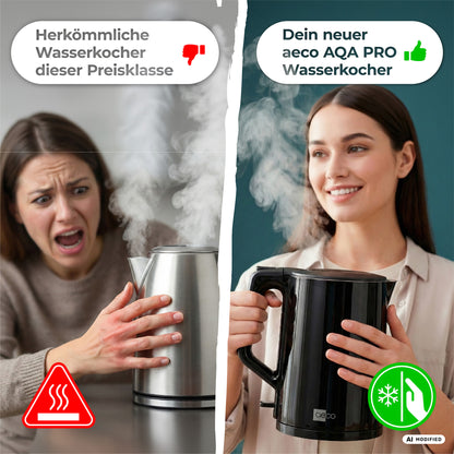 Geteiltes Bild, das links eine verzweifelte Frau mit einem Metallwasserkocher und rechts eine lächelnde Frau mit dem schwarzen „AQA PRO Wasserkocher“ von aeco zeigt; dabei werden zwei Arten von Wasserkochern mit einem deutschen Text verglichen.