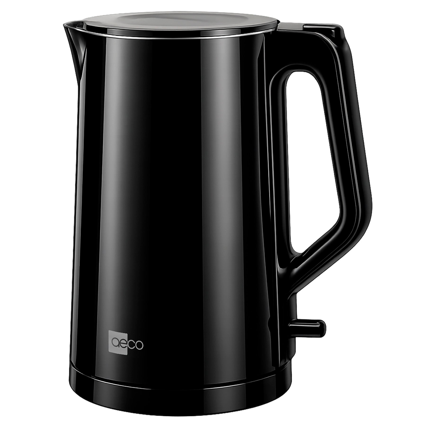 Der aeco AQA Pro Wasserkocher ist ein schwarzer Wasserkocher mit Griff, Ausgießer und Deckel, der das aeco-Logo auf der unteren Vorderseite trägt.