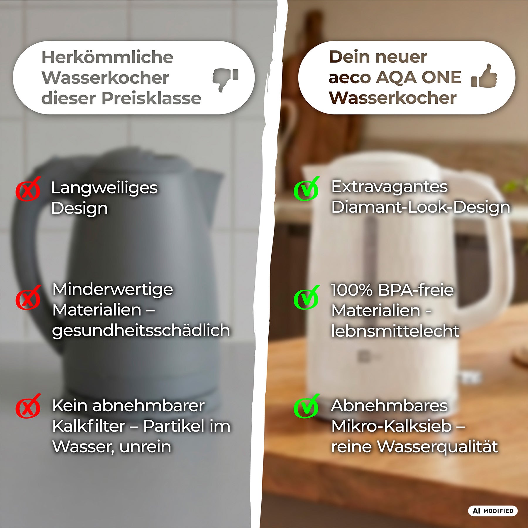 Vergleich zweier Wasserkocher: links ein schlichter grauer Wasserkocher mit roten „Daumen-runter“-Symbolen und rechts der aeco AQA ONE Wasserkocher – ein weißer Wasserkocher mit Rautenmuster –, der mit grünen „Daumen-hoch“-Symbolen und hervorgehobenen Funktionen ausgestattet ist.