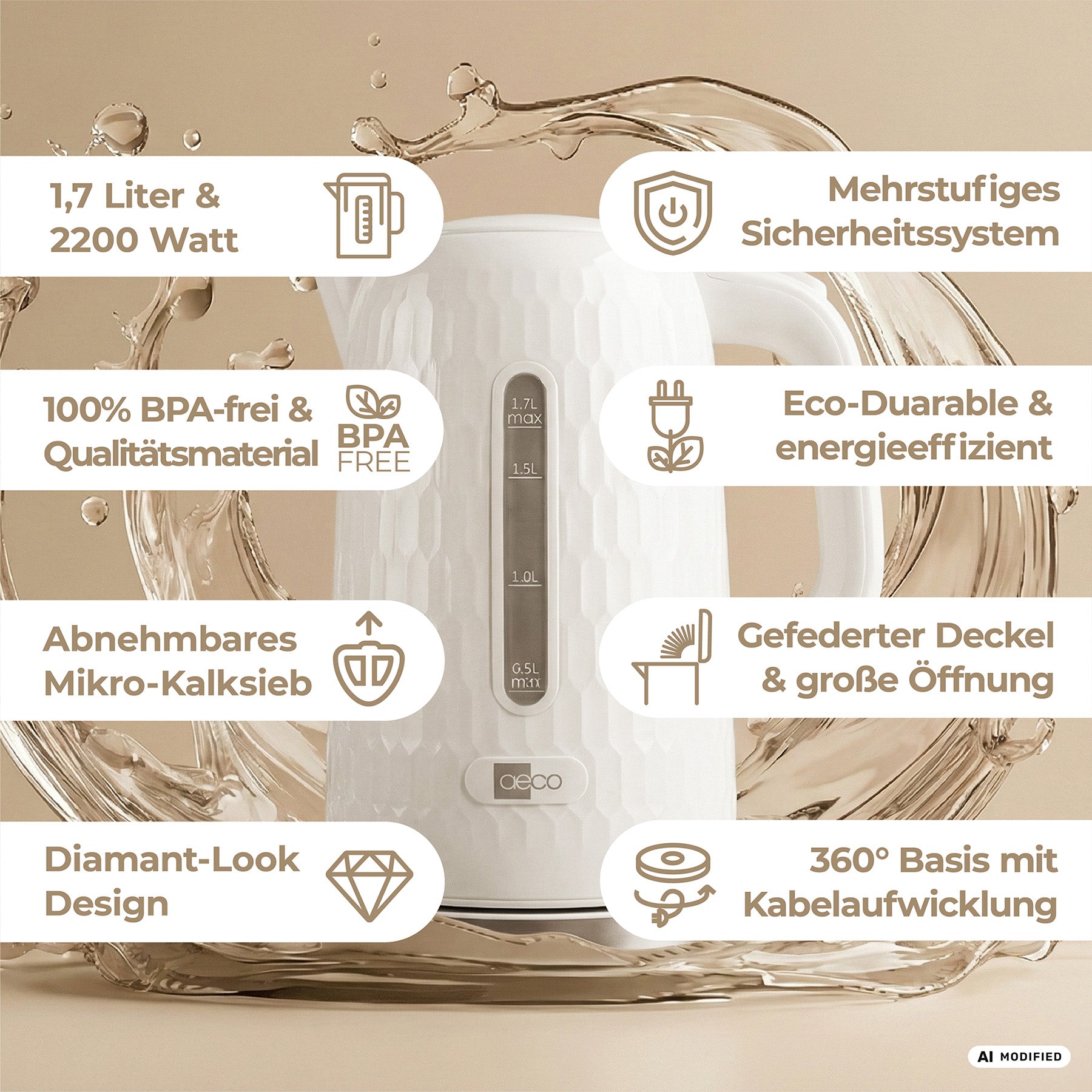 Der Wasserkocher „aeco AQA ONE“ ist umgeben von deutschem Text abgebildet, der seine Eigenschaften hervorhebt, darunter ein Fassungsvermögen von 1,7 l, eine Leistung von 2200 W, BPA-freies Material, ein Sicherheitssystem, einen Mikro-Kalkfilter, ein Design im Diamant-Look und einen 360°-Sockel.