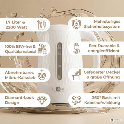 Der Wasserkocher „aeco AQA ONE“ ist umgeben von deutschem Text abgebildet, der seine Eigenschaften hervorhebt, darunter ein Fassungsvermögen von 1,7 l, eine Leistung von 2200 W, BPA-freies Material, ein Sicherheitssystem, einen Mikro-Kalkfilter, ein Design im Diamant-Look und einen 360°-Sockel.
