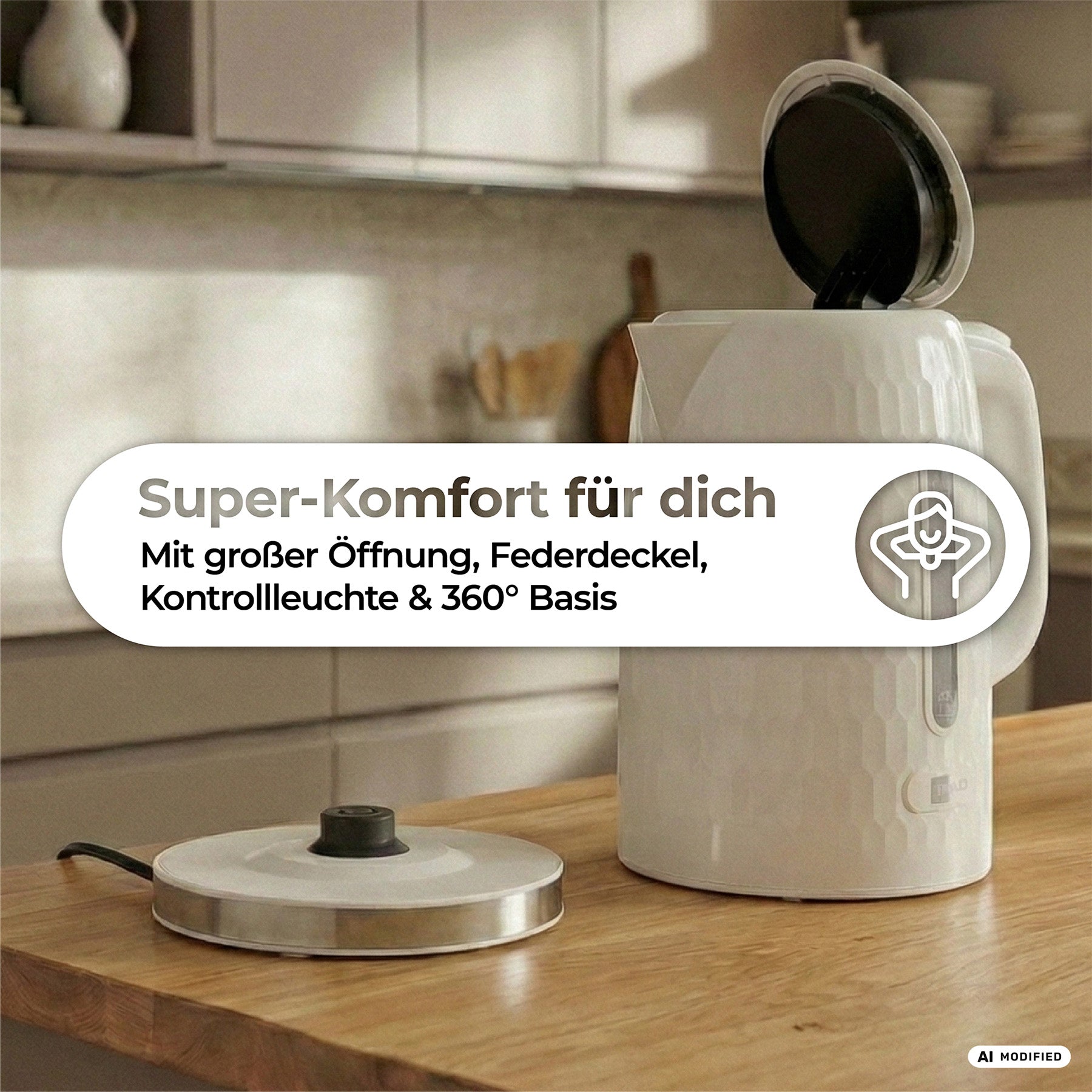 Ein aeco AQA ONE Wasserkocher mit geöffnetem Deckel steht auf einer Küchenarbeitsplatte neben seinem abgesetzten Sockel, während ein deutscher Text die Funktionen des Wasserkochers hervorhebt.