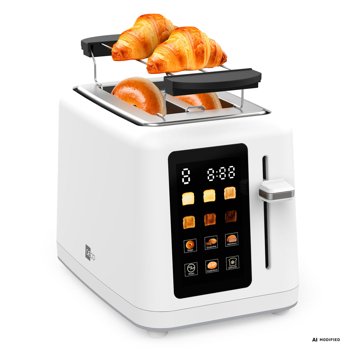 Der aeco toastlab MAX Touch LED ist ein moderner, weißer Toaster mit LED-Anzeige, der über verschiedene Bräunungsstufen und eine Auftaufunktion verfügt; er röstet zwei Croissants auf seinem Warmhaltegestell, während er im Inneren einen Bagel perfekt bräunt.