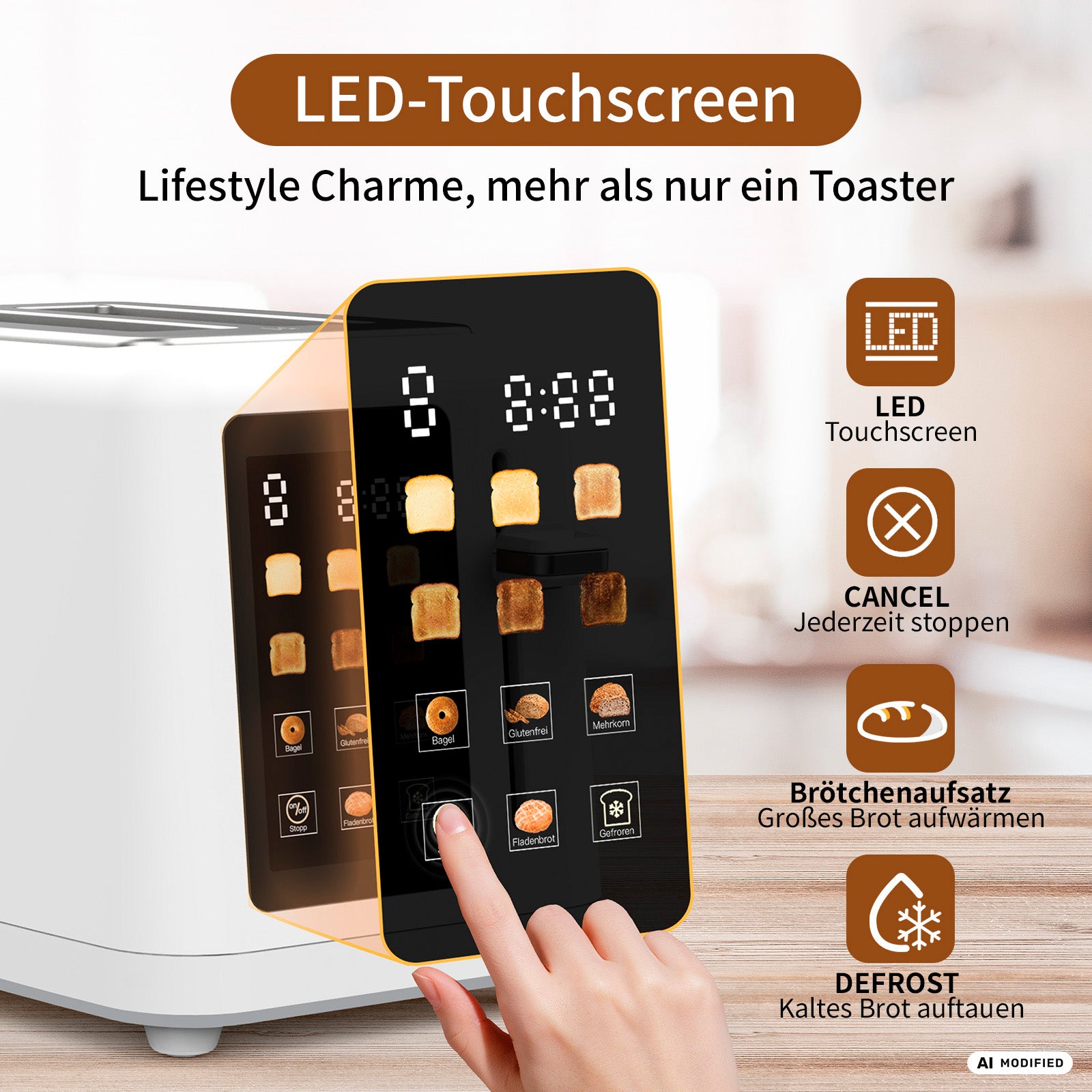 Eine Person tippt auf den digitalen Touchscreen eines weißen „toastlab MAX Touch LED“-Toasters von aeco mit LED-Display, auf dem Symbole für verschiedene Brotsorten, variable Bräunungsstufen, Garzeiten sowie Funktionen wie „Abbrechen“, „Aufwärmen“ und „Auftaufunktion“ angezeigt werden.