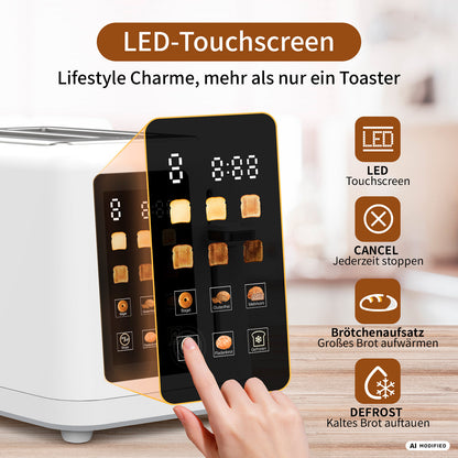 Eine Person tippt auf den digitalen Touchscreen eines weißen „toastlab MAX Touch LED“-Toasters von aeco mit LED-Display, auf dem Symbole für verschiedene Brotsorten, variable Bräunungsstufen, Garzeiten sowie Funktionen wie „Abbrechen“, „Aufwärmen“ und „Auftaufunktion“ angezeigt werden.
