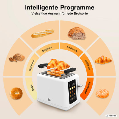 Der aeco toastlab MAX Touch LED ist ein weißer Smart-Toaster mit einem intuitiven LED-Display, der Croissants toasten kann und über klar beschriftete Brotoptionen auf Deutsch verfügt, darunter eine benutzerfreundliche Auftaufunktion. Auf seinem digitalen Bildschirm lassen sich die Bräunungsstufen individuell einstellen, während Bilder verschiedener Brotsorten zu kulinarischen Ideen inspirieren.