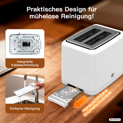 Der aeco toastlab MAX Touch LED-Toaster ist in Weiß abgebildet, wobei die Krümelfangschale ausgezogen ist, sodass die interne Kabelaufbewahrung zu sehen ist und eine Hand die Schale unter dem Wasserhahn ausspült. Der deutsche Text hebt das praktische, leicht zu reinigende Design sowie die einstellbaren Bräunungsstufen für eine stets perfekte Bräunung hervor.