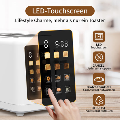 Eine Hand bedient das LED-Display des aeco toastlab MAX Touch LED-Toasters mit mehreren Einstellungen, einschließlich einer Auftaufunktion; Icons und deutscher Text heben seine Funktionen hervor.