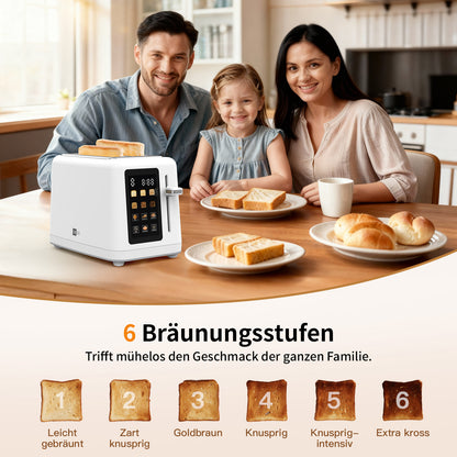 Eine Familie genießt ihren Toast am Tisch mit dem aeco toastlab MAX Touch LED-Toaster. Sechs Toastscheiben, beschriftet mit 1 bis 6, zeigen den Bräunungsgrad von leicht bis sehr knusprig neben dem LED-Display des modernen Toasters an.
