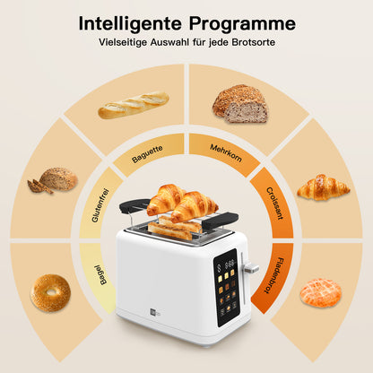 Der aeco toastlab MAX Touch LED ist ein weißer Toaster mit LED-Display, auf dem Croissants getoastet werden. Er ist umgeben von beschrifteten Bildern deutscher Brotsorten und zeigt voreingestellte Programme, eine Auftaufunktion und einstellbare Bräunungsstufen.