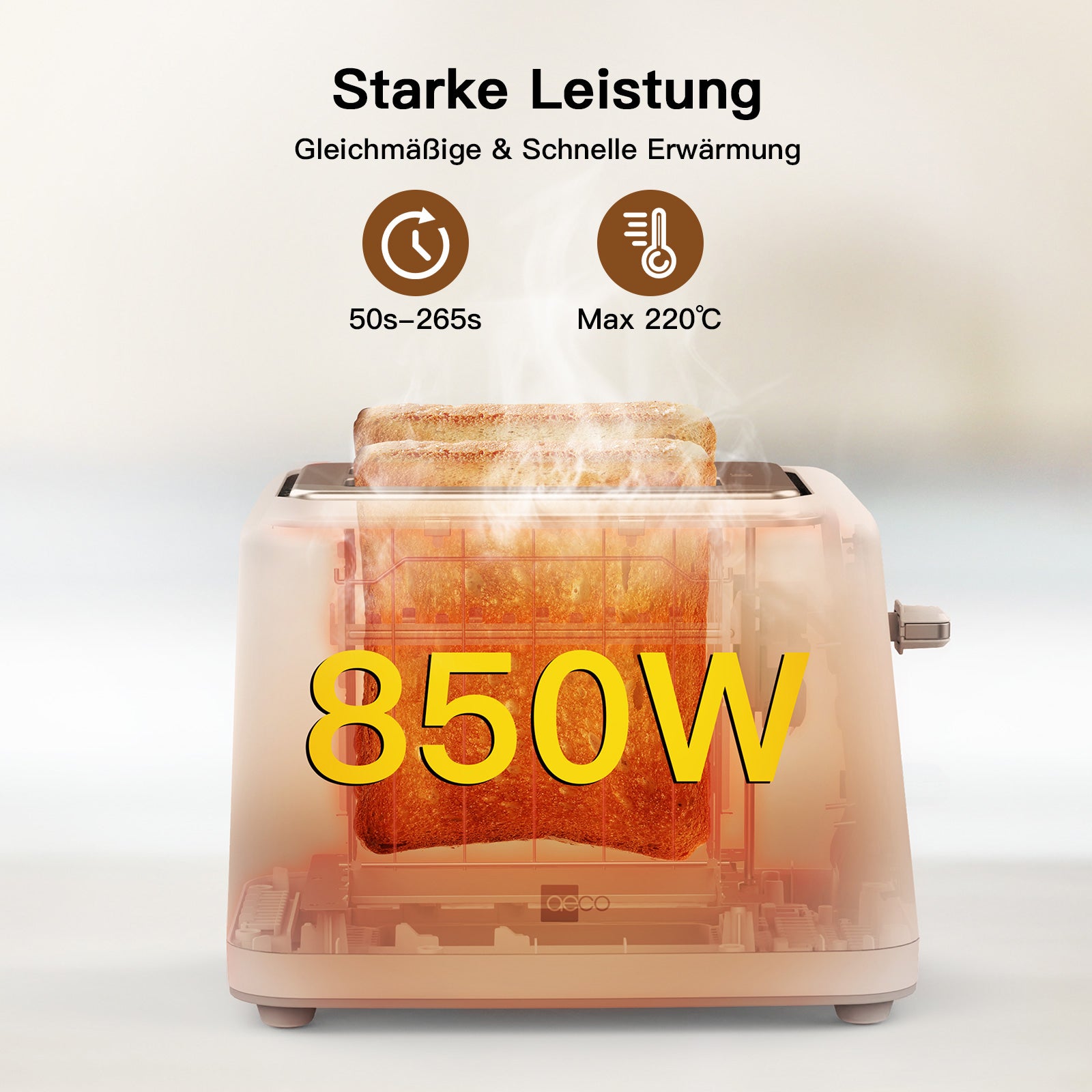 Der aeco toastlab MAX Touch LED ist ein rosafarbener Toaster mit einer LED-Anzeige für zwei Scheiben, deutschem Leistungstext, Bräunungsstufen-Einstellungen, 850W Leistung, 50s-265s Timer und bis zu 220°C Temperatur.