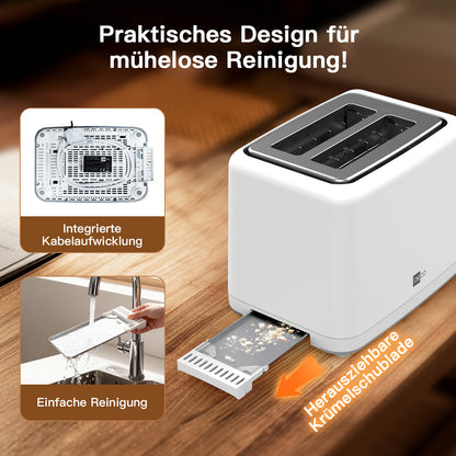 Der aeco toastlab MAX Touch LED Toaster bietet entleerbaren Krümelauffang, praktische Kabelaufbewahrung, leichtes Reinigen dank deutscher Anleitung, LED-Display und individuell einstellbare Bräunungsstufen für perfekten Toast.