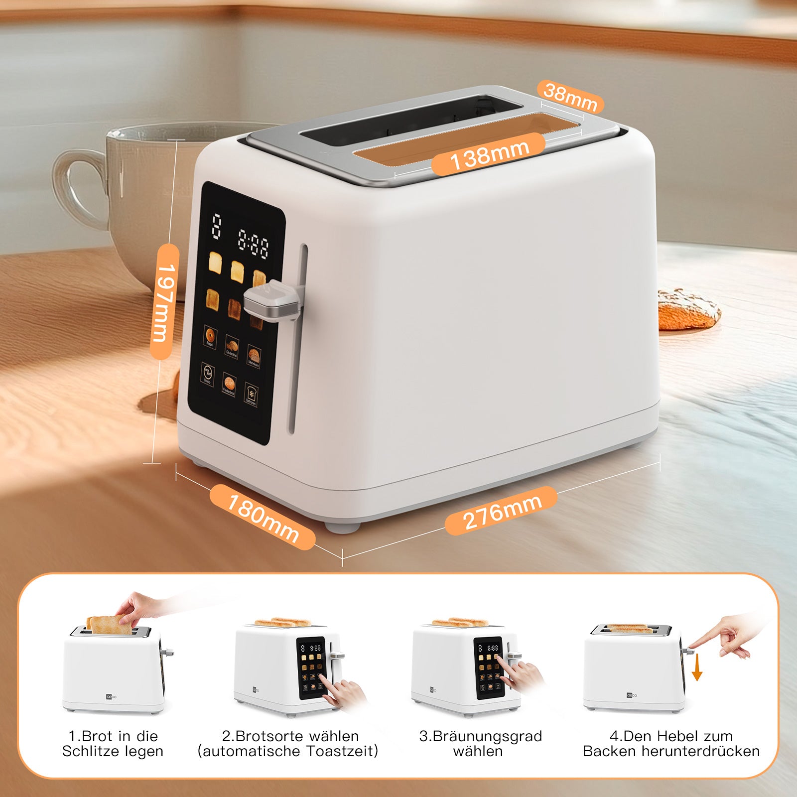 Abgebildet ist ein weißer aeco toastlab MAX Touch LED-Toaster mit digitalen Bedienelementen, LED-Anzeige und orangefarbenen Akzenten sowie beschrifteten Abmessungen. Unter den Abbildungen des Toasters sind vier Anwendungsschritte in deutscher Sprache abgebildet.