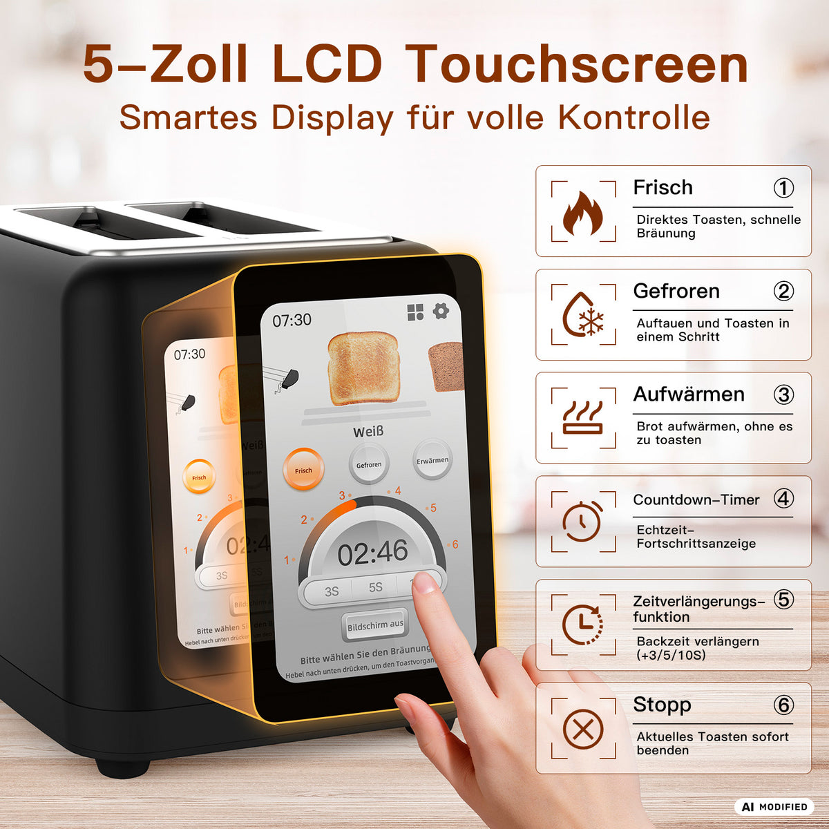 Der aeco toastlab ELITE Touch ist ein schwarzer Toaster mit einem 5-Zoll-LCD-Touchdisplay, das deutschsprachige Symbole und Texte für Funktionen wie Frische, Einfrieren, Aufwärmen, Timer, Bräunungsstufen, Stoppfunktionen sowie 10 voreingestellte Programme für maximalen Komfort anzeigt.