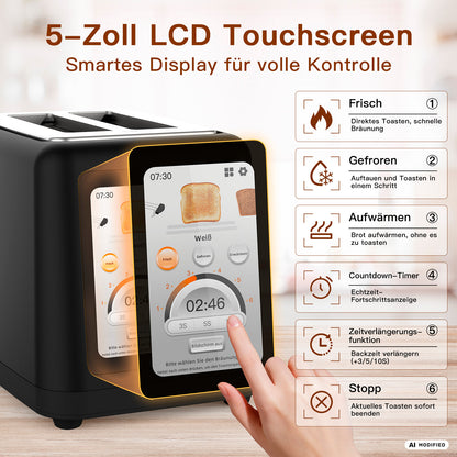 Der aeco toastlab ELITE Touch ist ein schwarzer Toaster mit einem 5-Zoll-LCD-Touchdisplay, das deutschsprachige Symbole und Texte für Funktionen wie Frische, Einfrieren, Aufwärmen, Timer, Bräunungsstufen, Stoppfunktionen sowie 10 voreingestellte Programme für maximalen Komfort anzeigt.